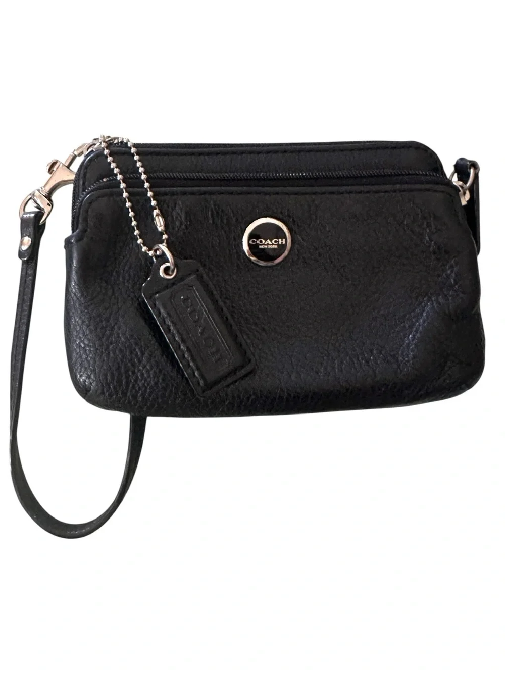 COACH Black Pebbled Leather Double Zipper Wristlet, Logo Disc, Ice Blue Lining